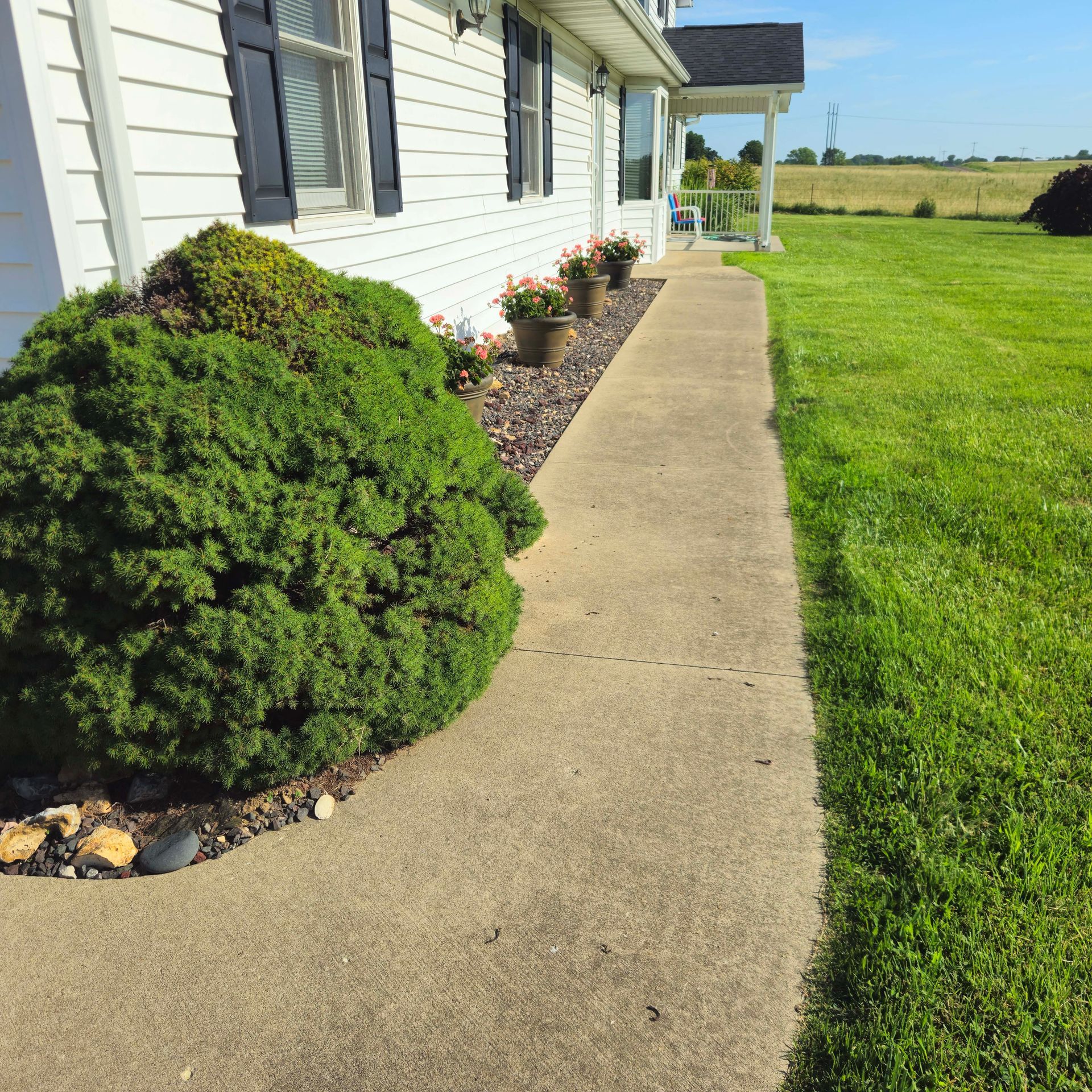 White house siding with green mildew staining above a stone foundation beside a lawn
