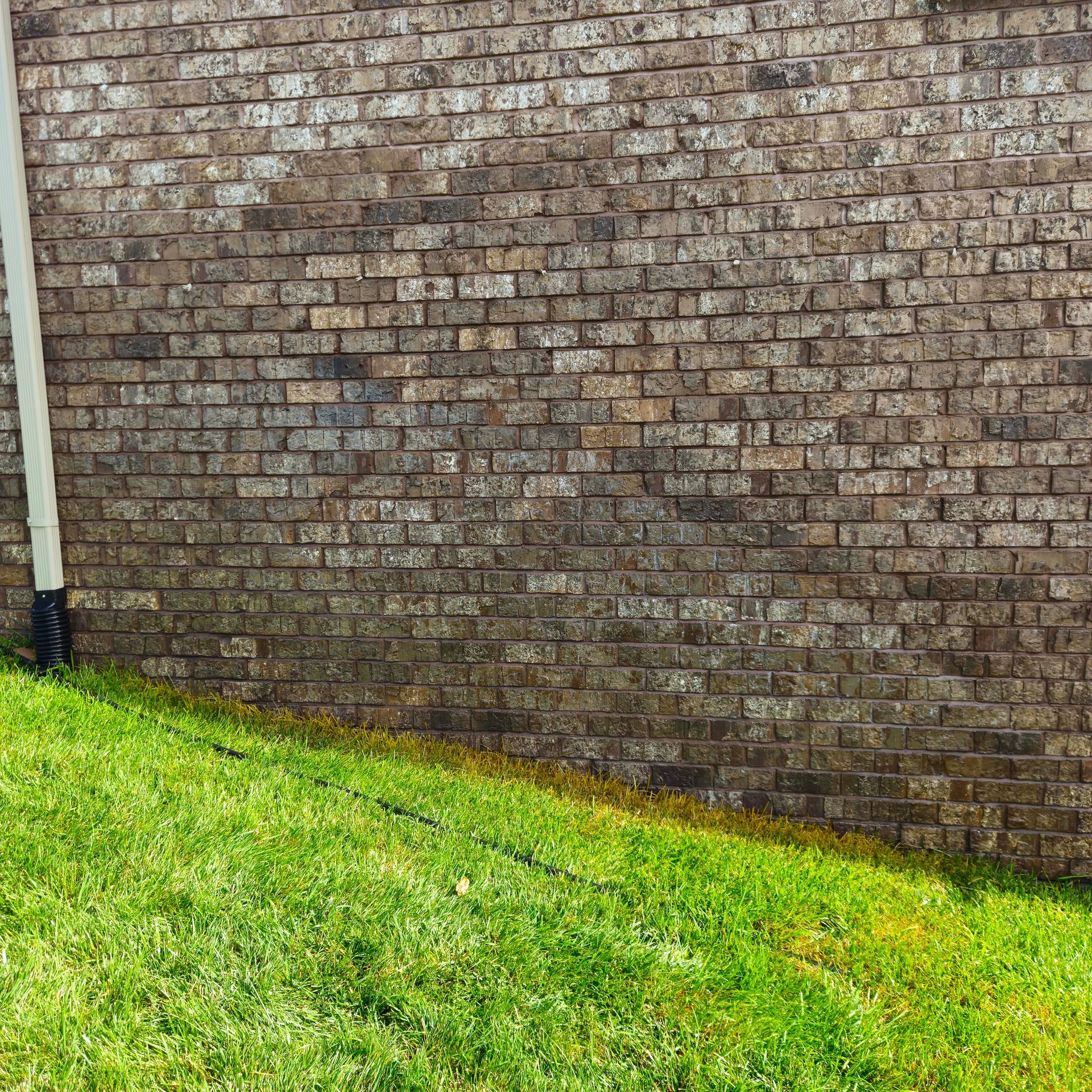 White house siding with a stone foundation and a small window corner.