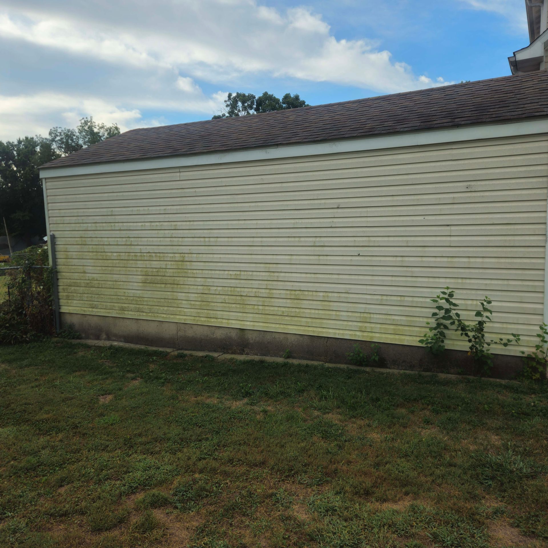 White house siding with green mildew staining above a stone foundation beside a lawn