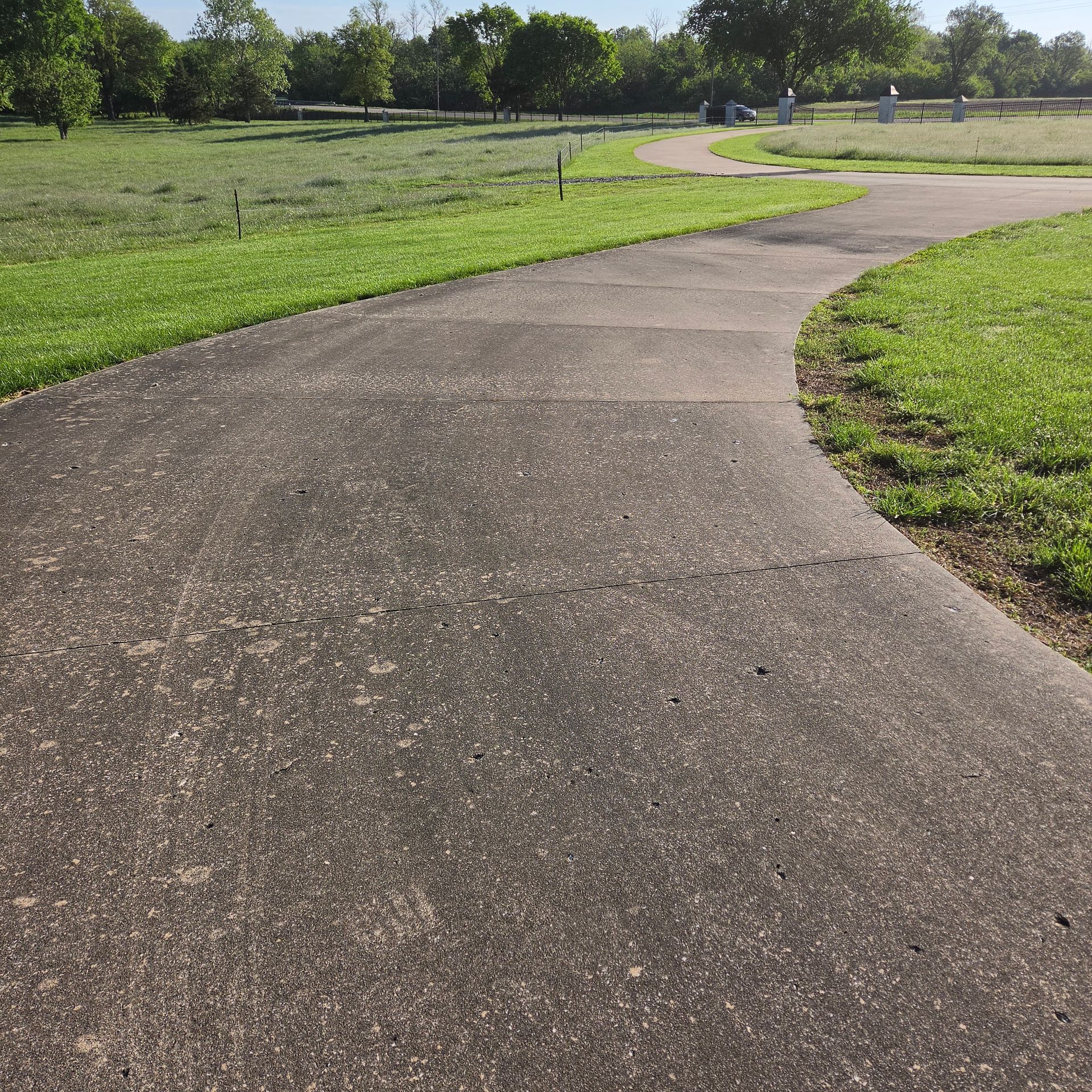 Curving paved path through a grassy park on a sunny day
