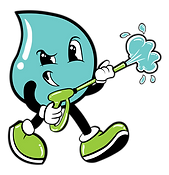 Cartoon blue water droplet mascot washing itself with a hose, smiling and wearing green shoes.