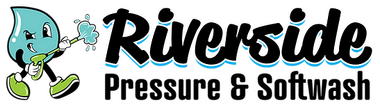 Riverside Pressure & Softwash logo with a cartoon water-drop mascot and black-and-blue text