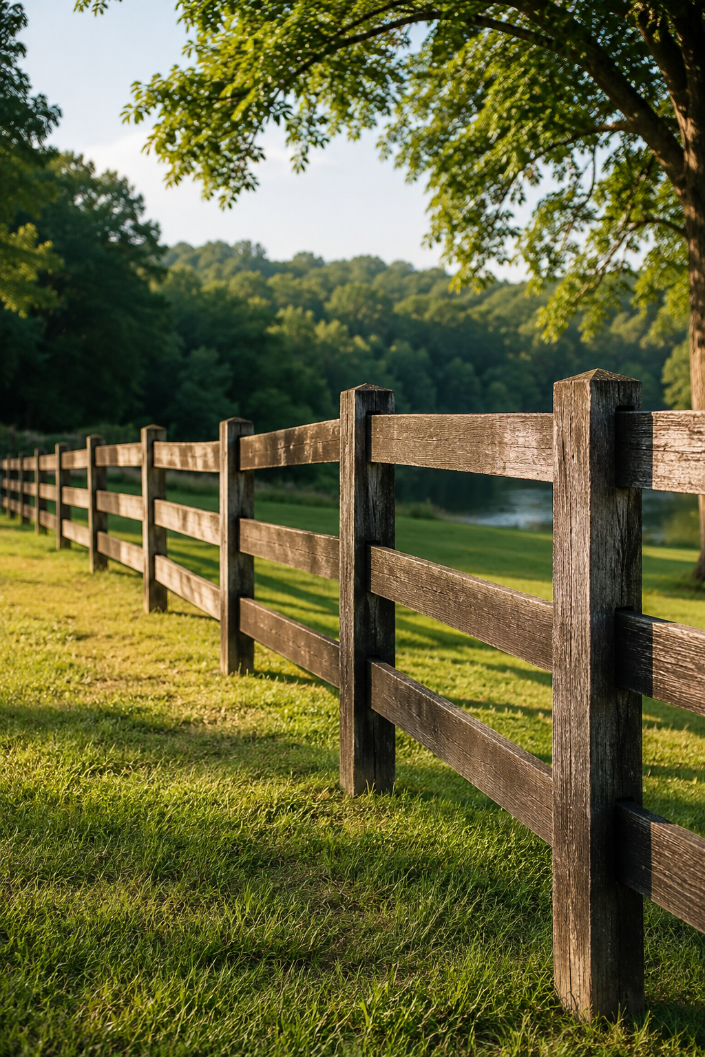 Wooden split-rail fence along a sunlit grassy path with trees in the background