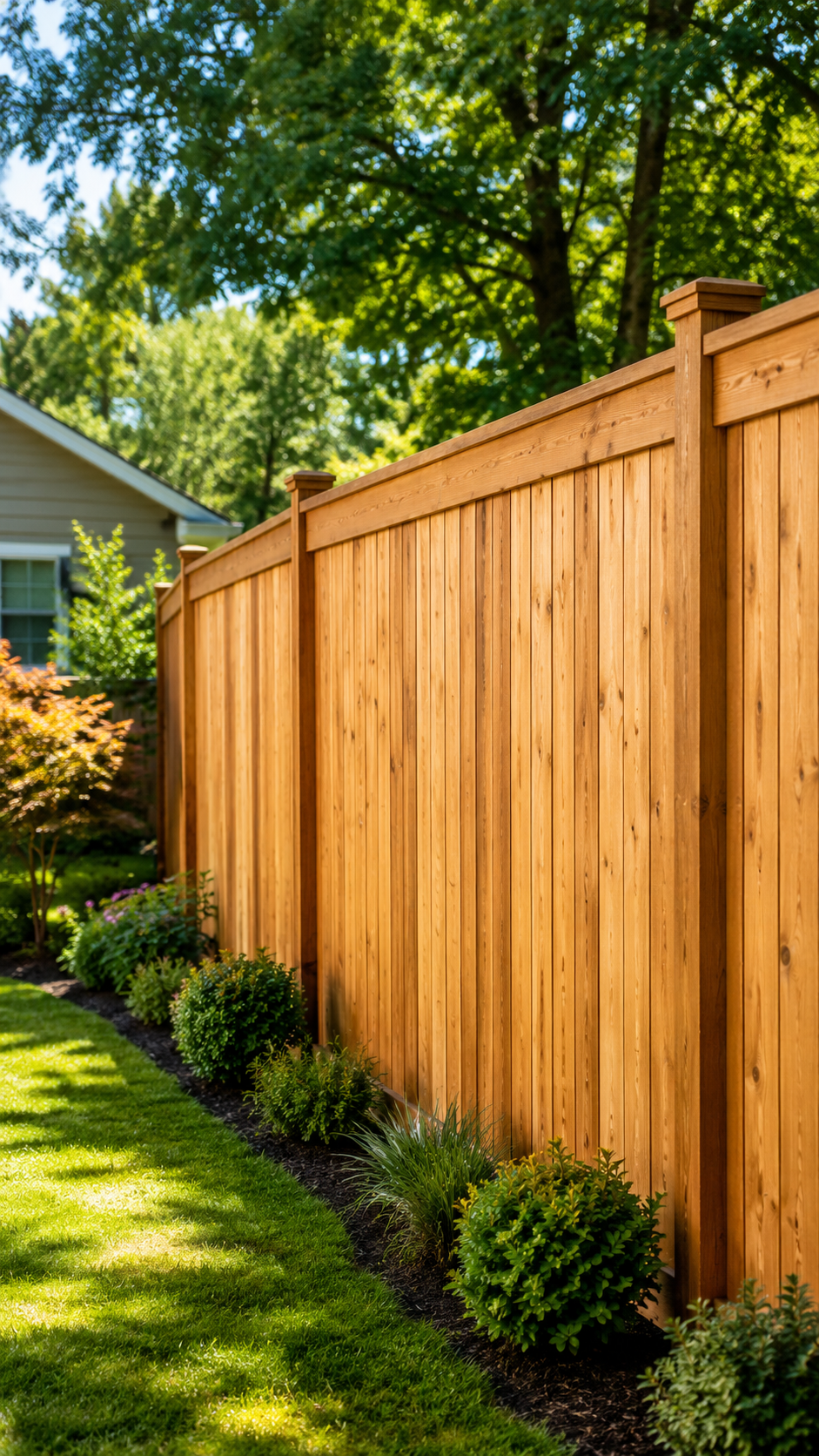 Wooden privacy fence beside a green lawn and shrubs in a sunny backyard