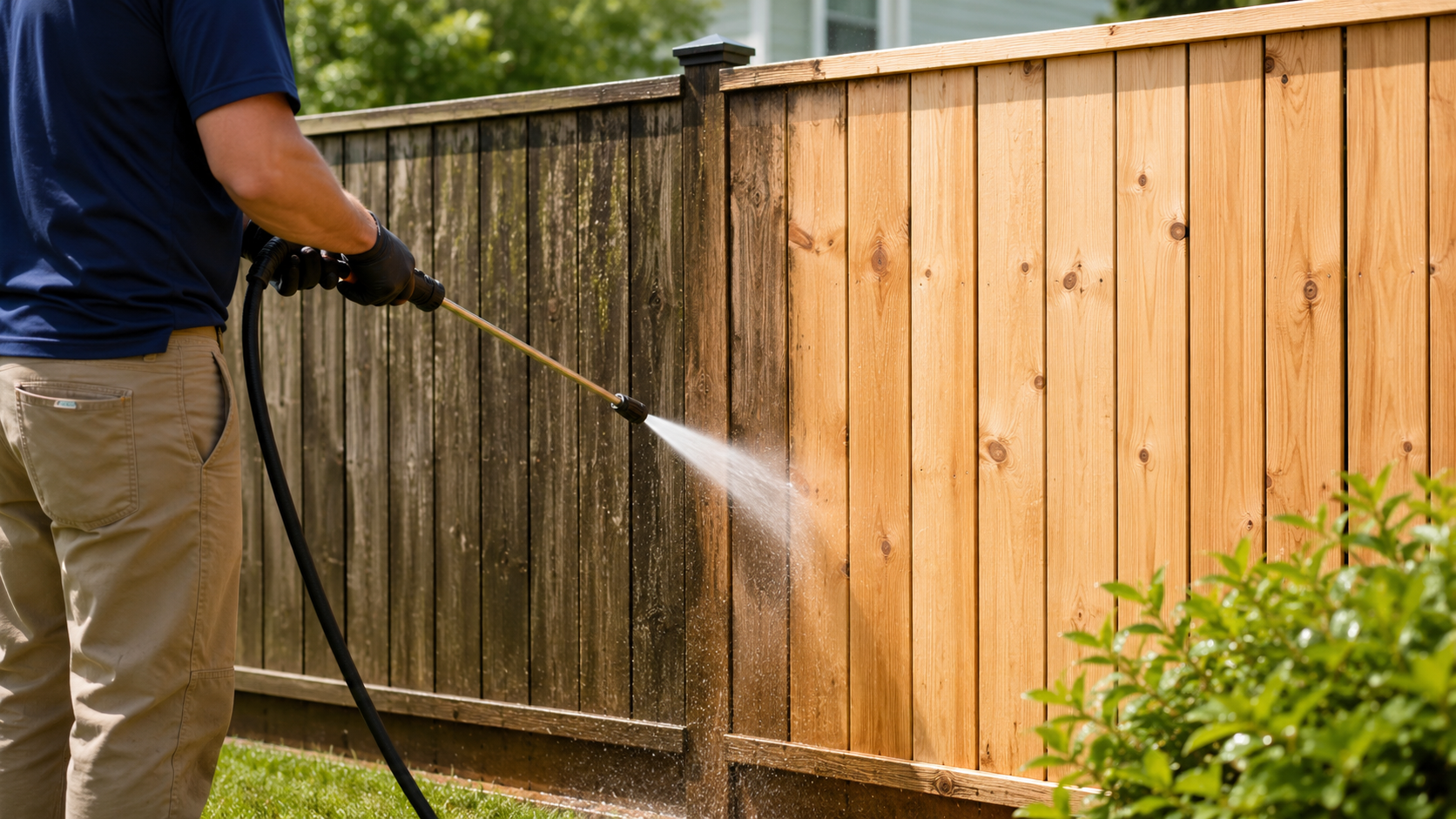 Person pressure-washing a wooden fence with a black hose in a backyard
