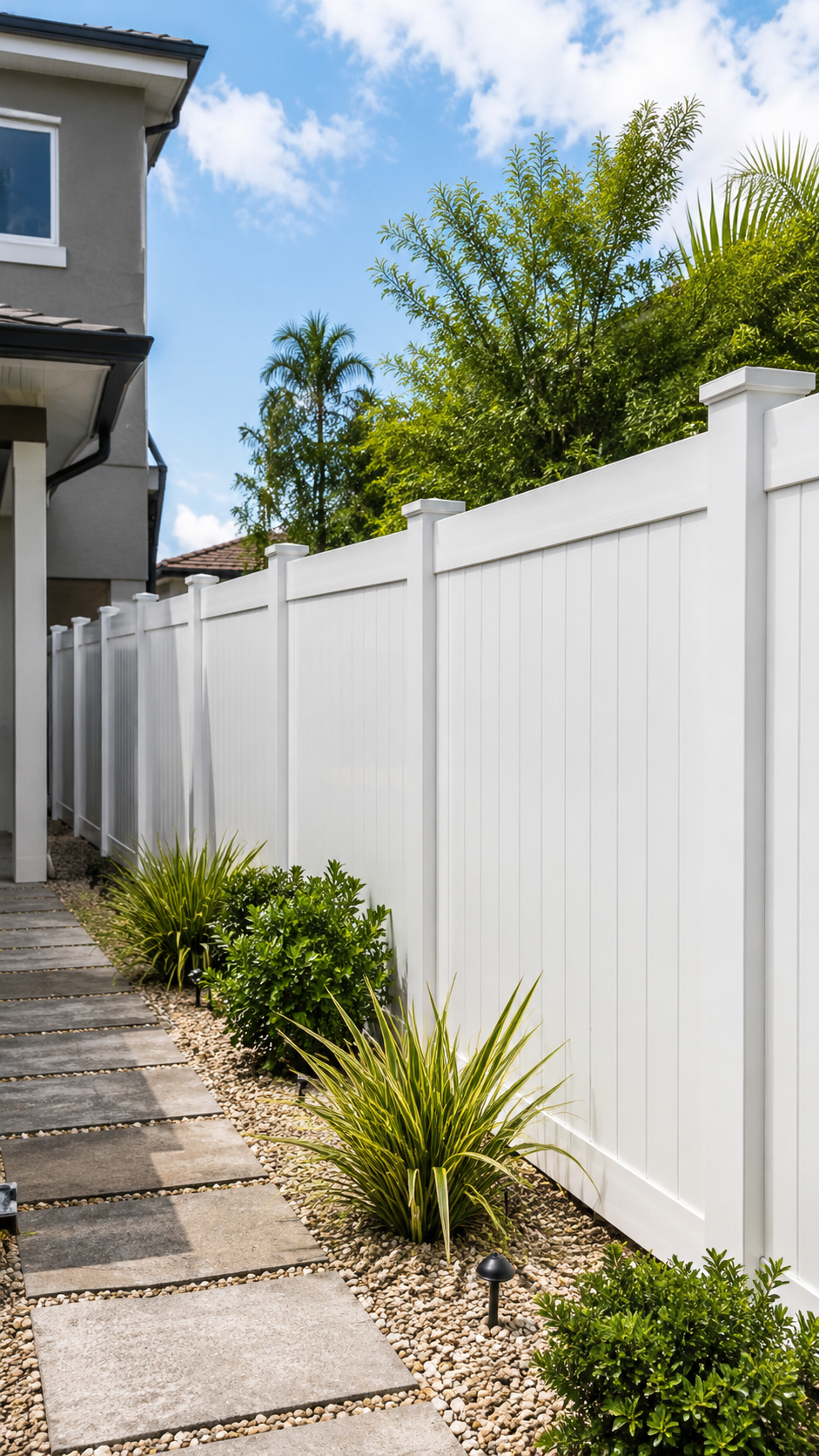 Narrow side yard with a white vinyl fence, stone path, and small plants beside a house.