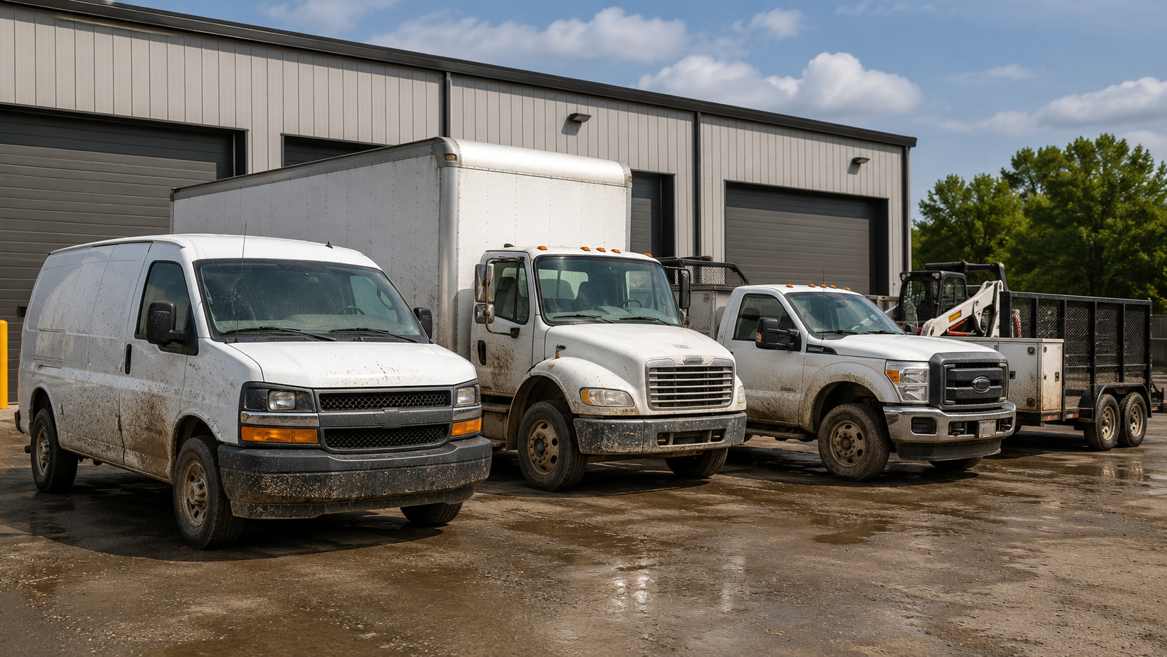 Three white work vans parked outside an industrial building on a muddy lot.