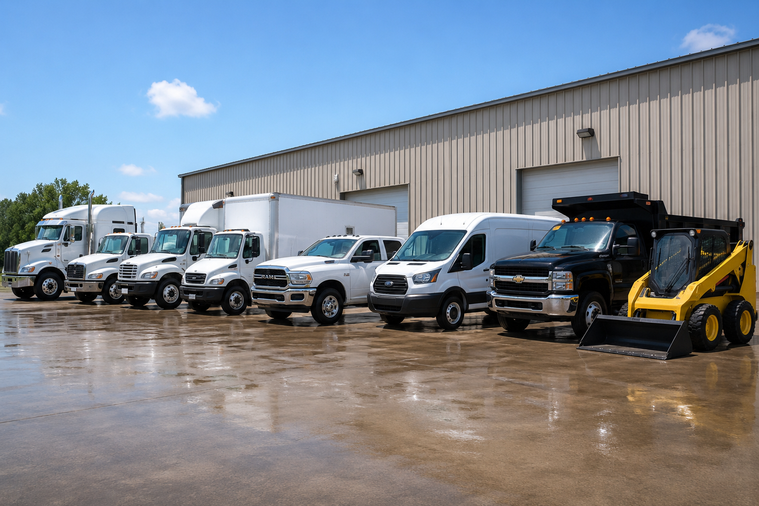 Row of white work vans and trucks parked beside a warehouse, with a yellow skid steer on a wet lot.