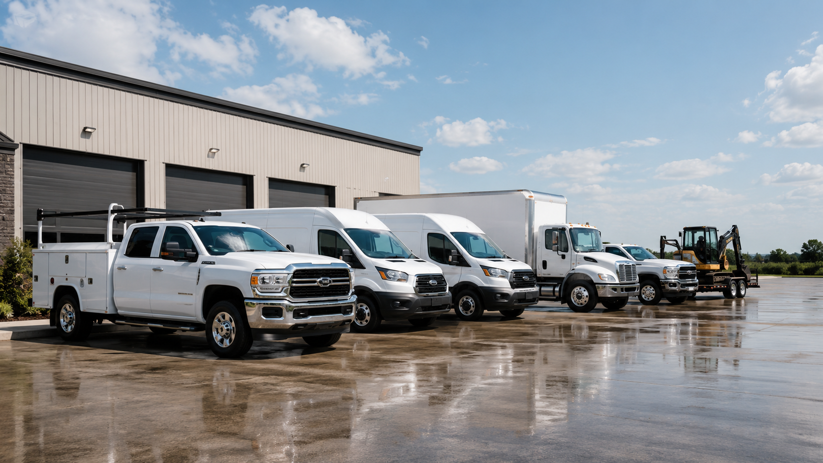 White work trucks and vans parked outside an industrial building on a wet lot under a partly cloudy sky