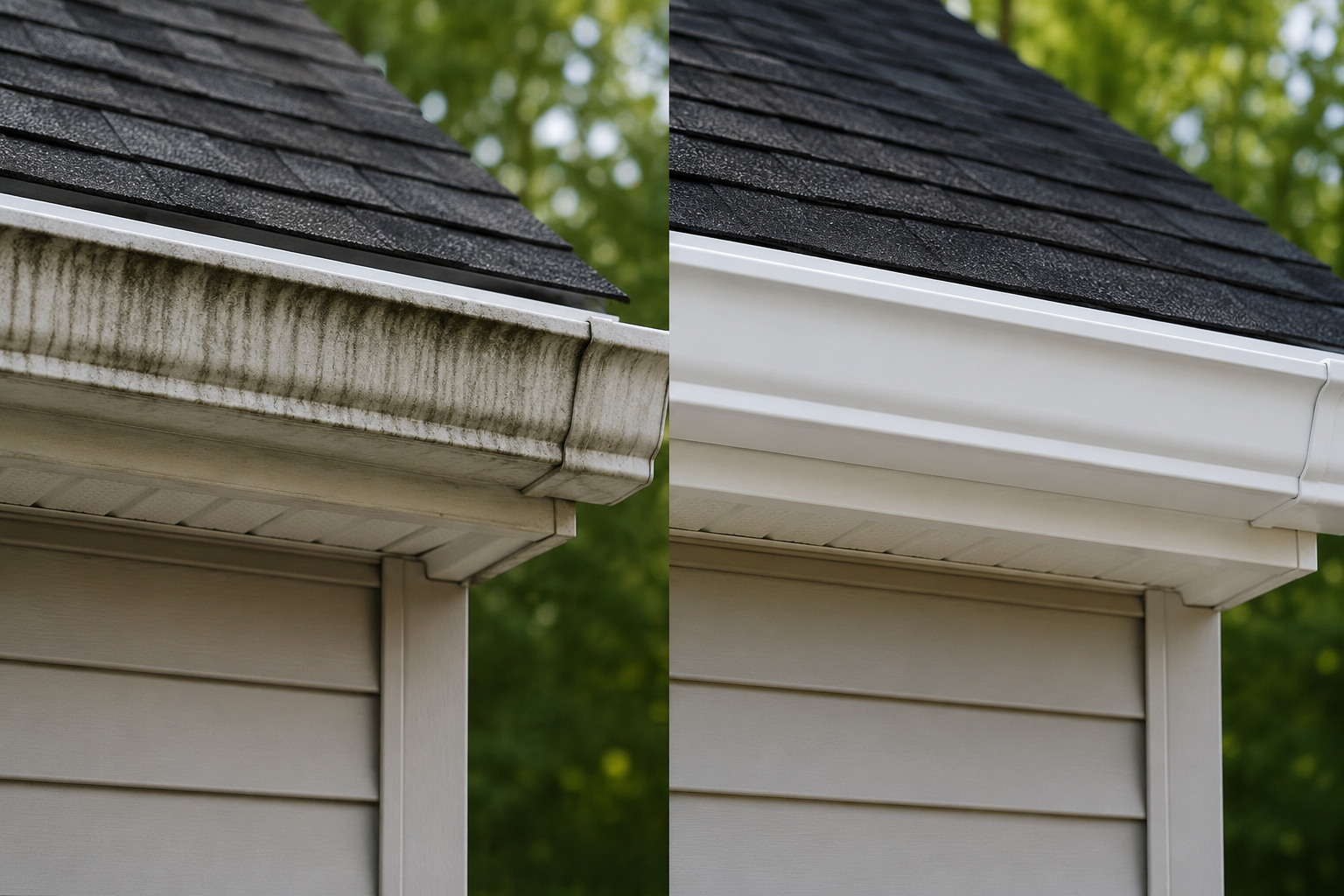 Close-up of two house roof eaves with gutters, showing old dirty siding beside newer white trim