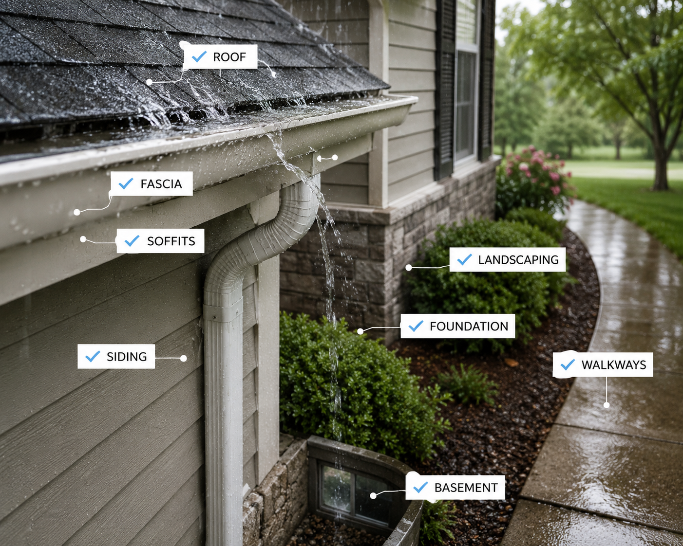 House exterior with labeled roof, gutters, downspouts, siding, landscaping, and walkway after rain