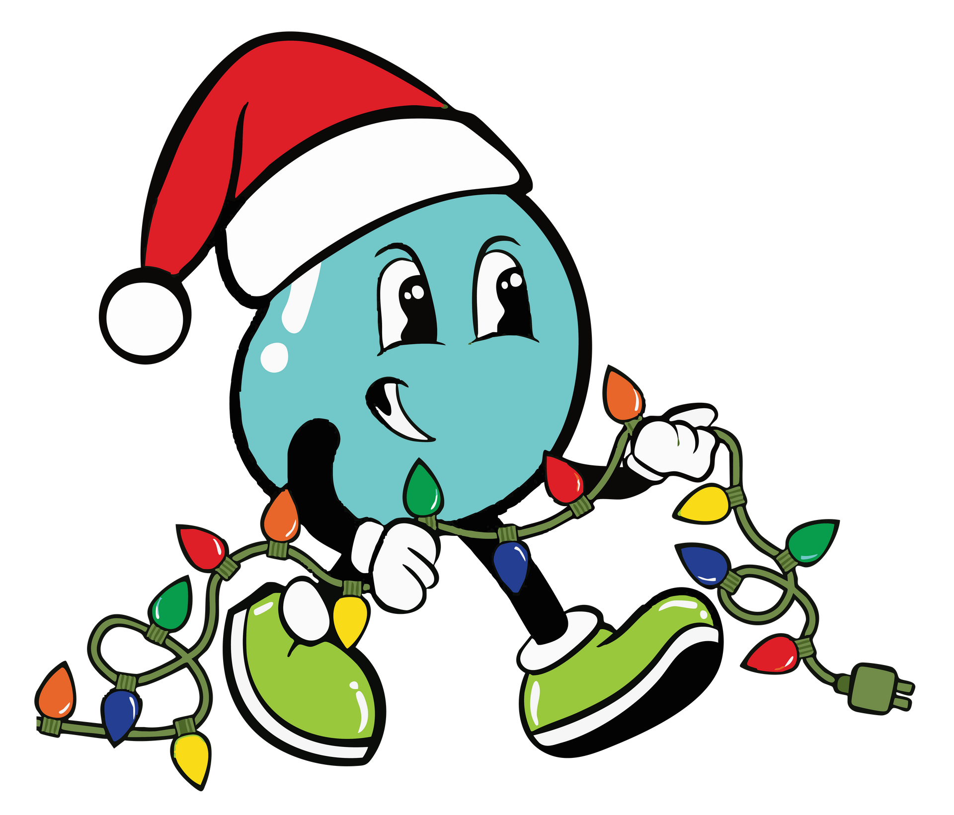 Cartoon water droplet mascot spraying water from a hose, smiling and wearing green shoes.