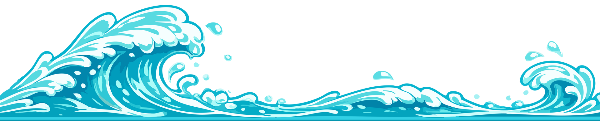 Turquoise ocean wave border with splashing water on a white background