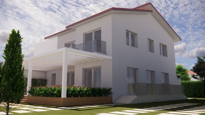 Casa moderna a due piani bianca con tetto rosso, veranda coperta e giardino paesaggistico in piena luce naturale