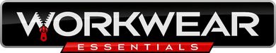 Logo for Workwear Essentials: white text on a black background with a red zipper on the 