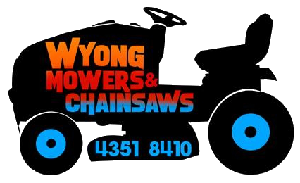 A logo for wyong mowers and chainsaws with a silhouette of a lawn mower
