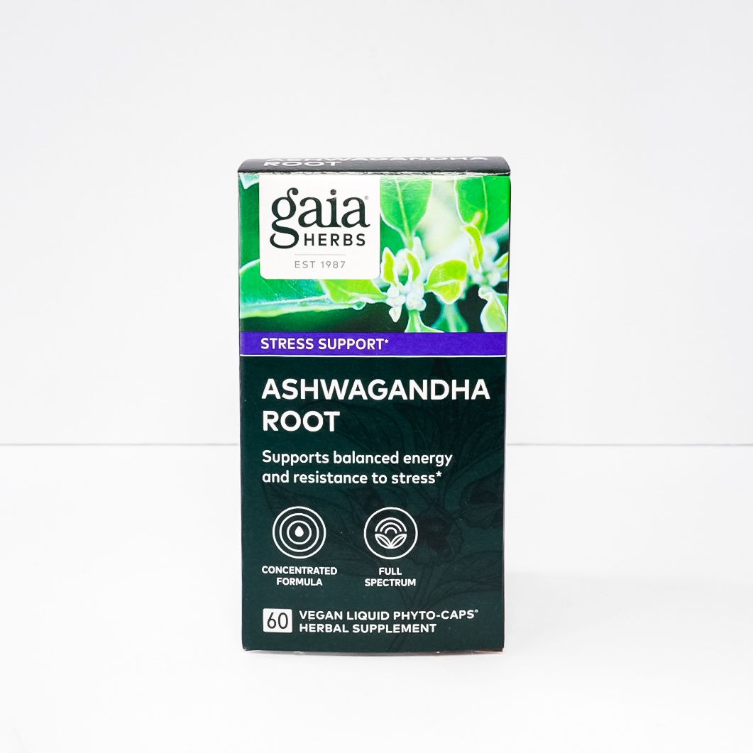 Gaia Herbs Ashwagandha Root supplement box, green and black packaging