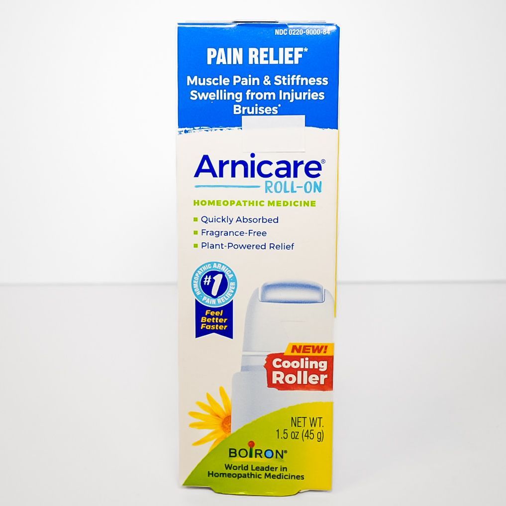 Arnicare cooling pain relief gel box, blue and yellow with white tube illustration