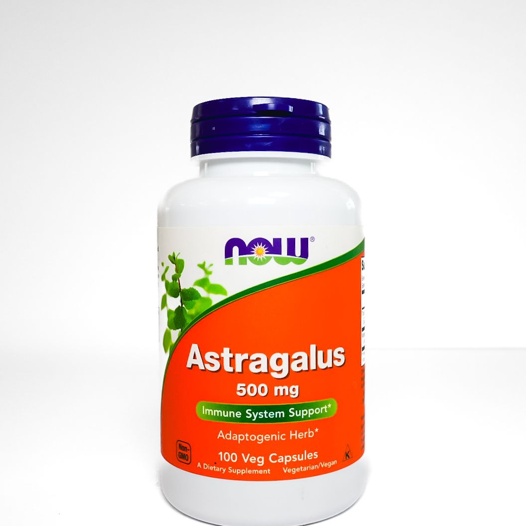 NOW Astragalus 500 mg supplement bottle with white label and purple cap