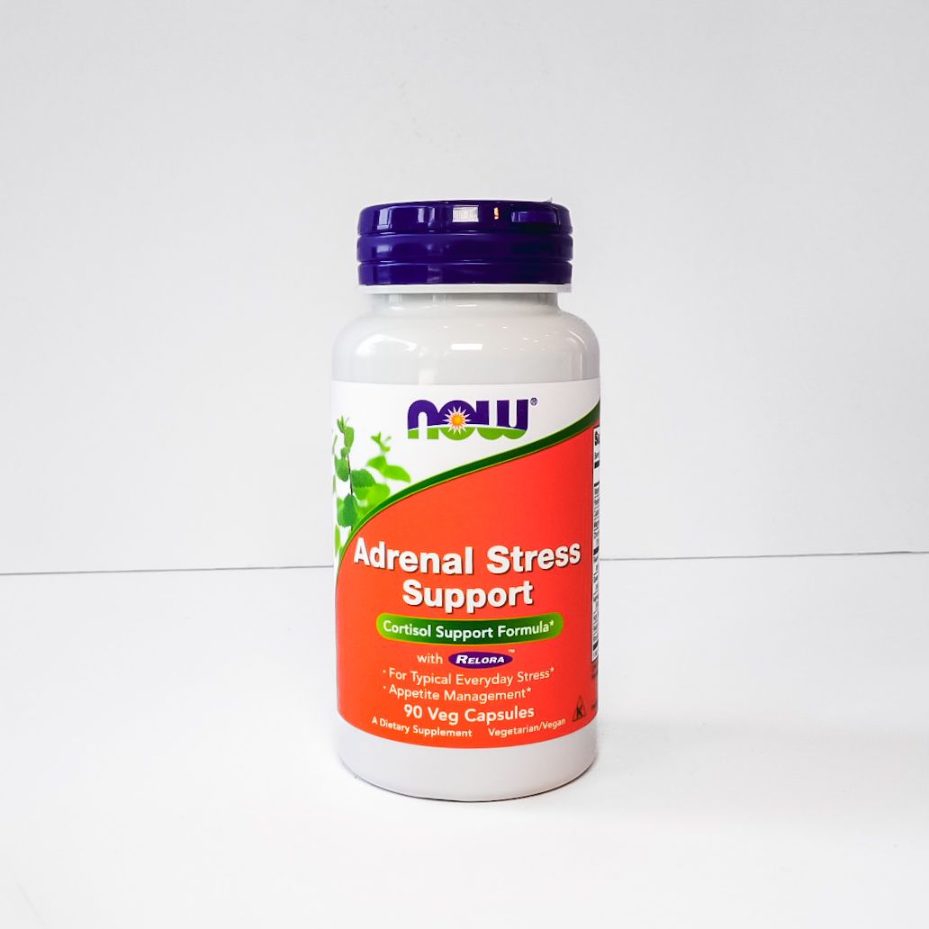 NOW Adrenal Stress Support supplement bottle with purple cap and red label on a white background