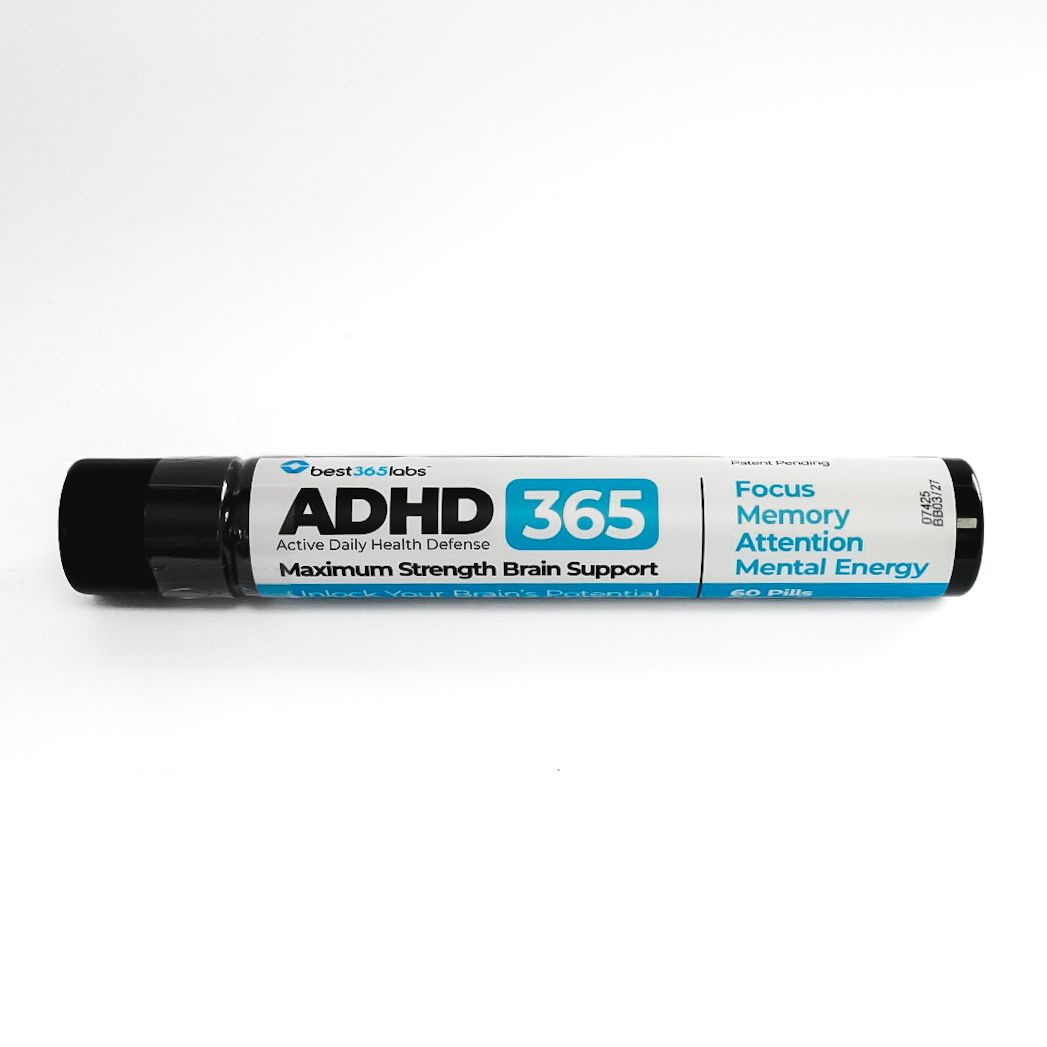 ADHD 365 supplement bottle with black cap and blue-white label on a white background