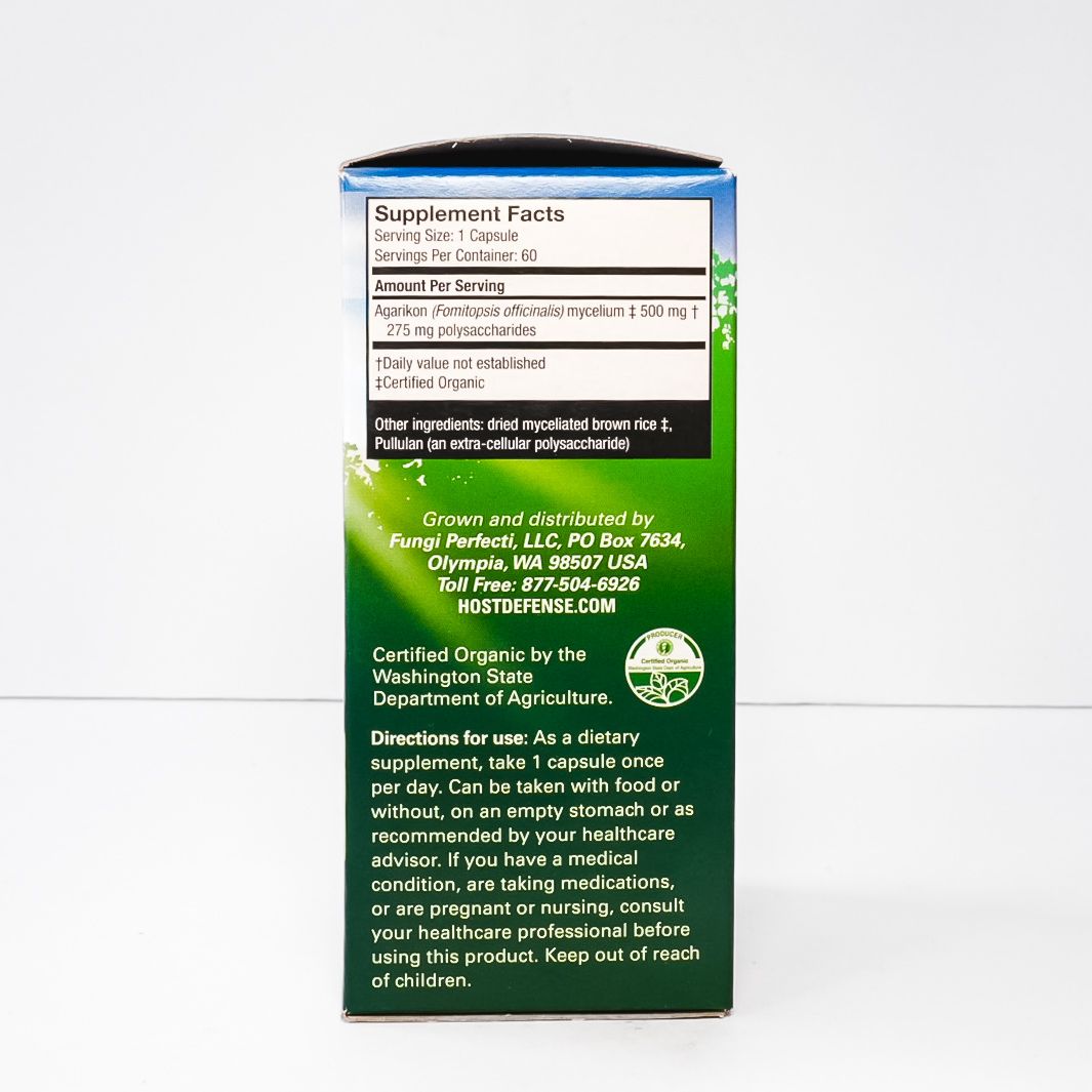 Host Defense Mushrooms Agarikon dietary supplement bottle with green label and mushroom image