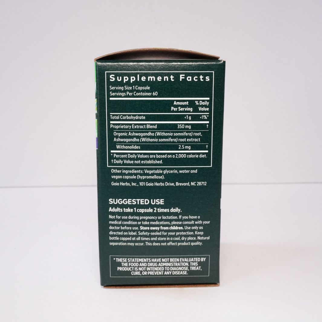 Gaia Herbs Ashwagandha Root supplement box, green and black packaging