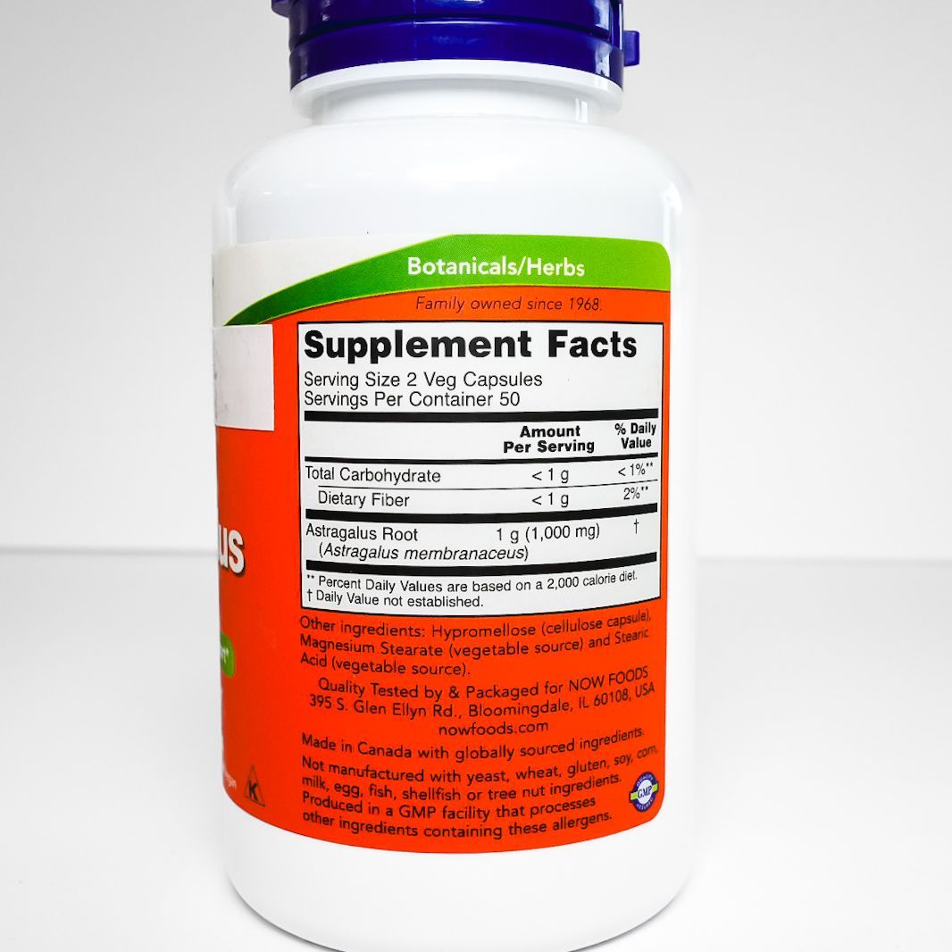 NOW Astragalus 500 mg supplement bottle with white label and purple cap