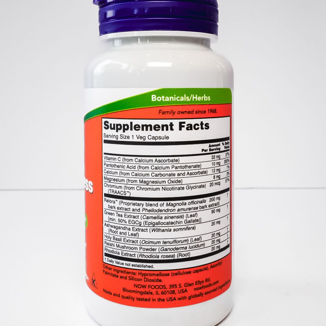 NOW Adrenal Stress Support supplement bottle with purple cap and red label on a white background