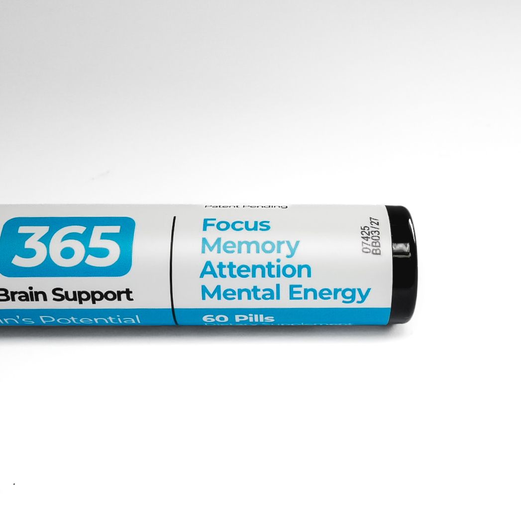 ADHD 365 supplement bottle with black cap and blue-white label on a white background