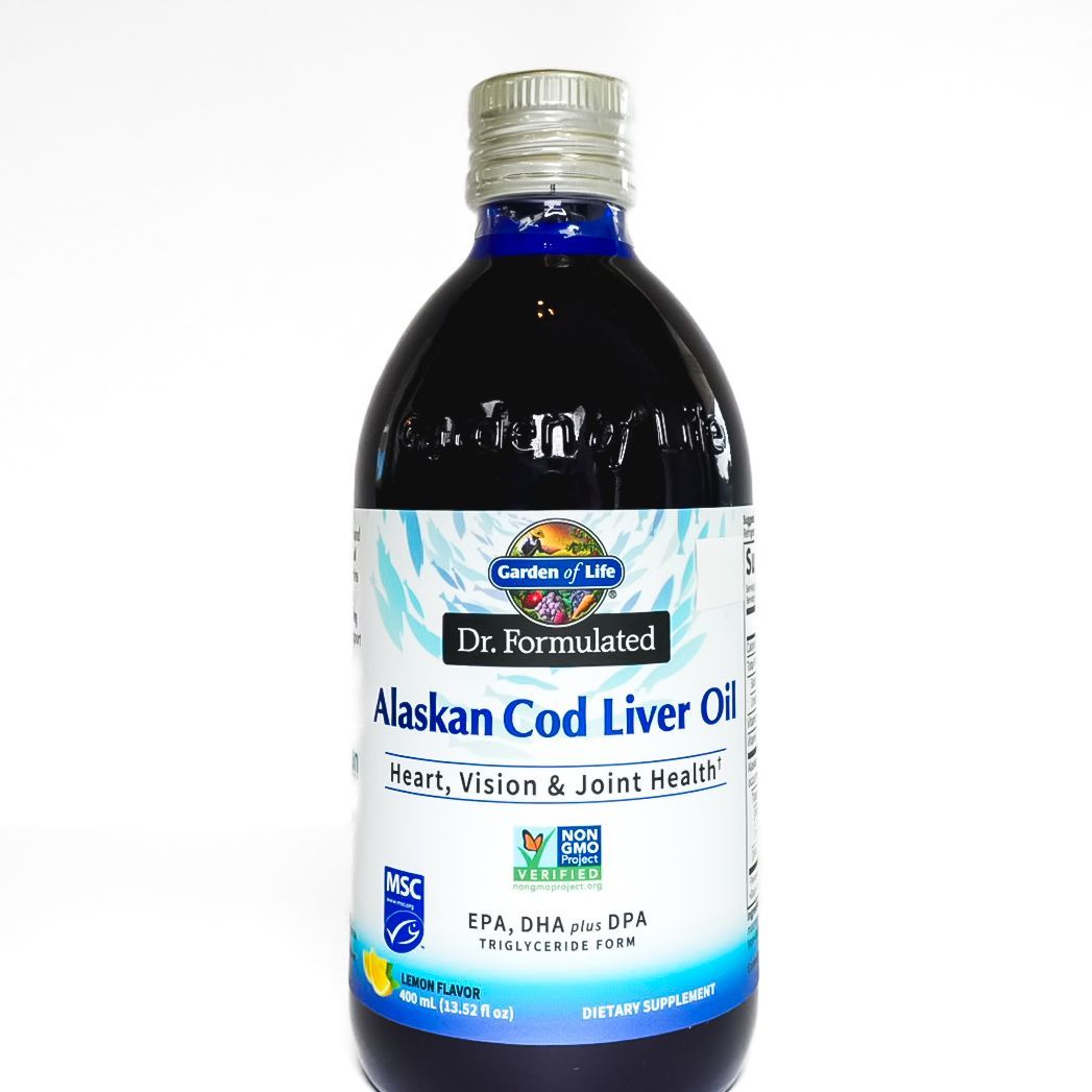 Bottle of Alaskan Cod Liver Oil with blue-and-white label and silver cap