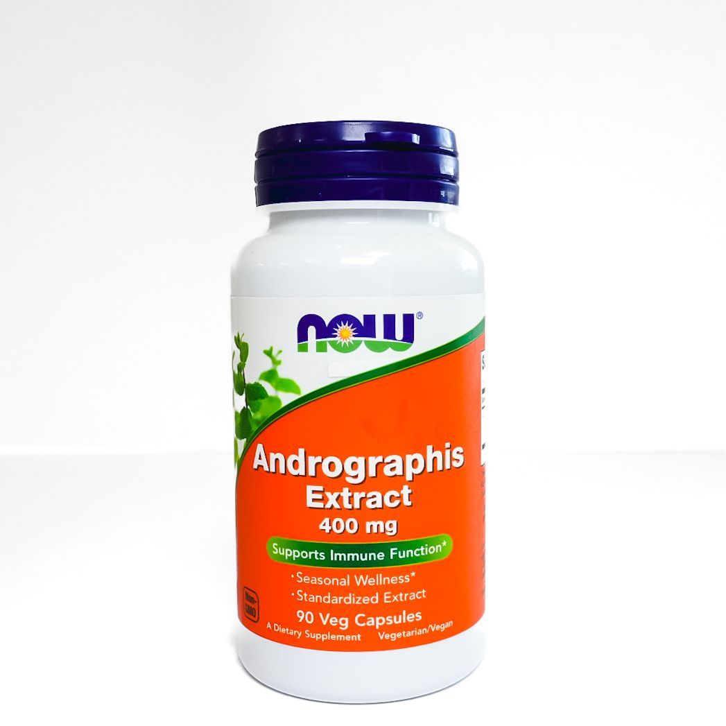 Bottle of NOW Andrographis Extract 400 mg with orange label and purple cap on white background