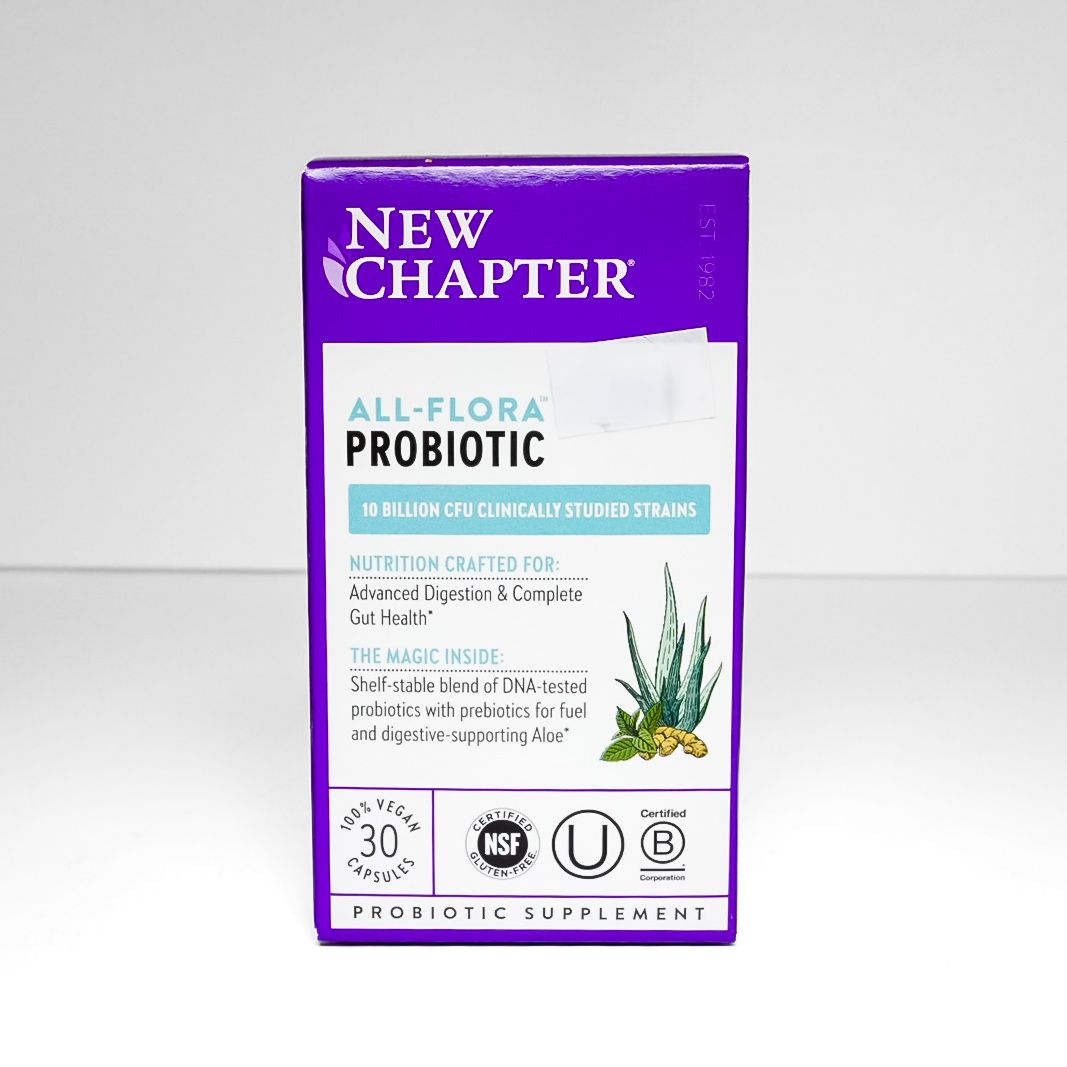 Purple New Chapter probiotic supplement box with white label and plant graphic.