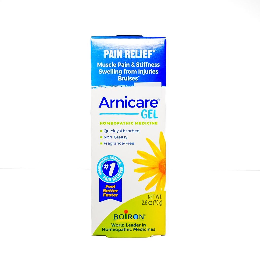 Arnicare Gel pain relief tube, blue and white packaging with yellow flower