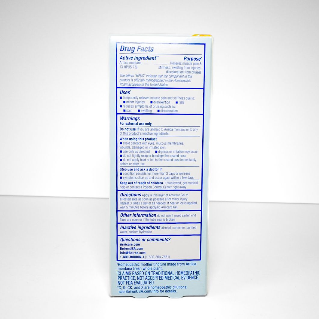 Arnicare Gel pain relief tube, blue and white packaging with yellow flower