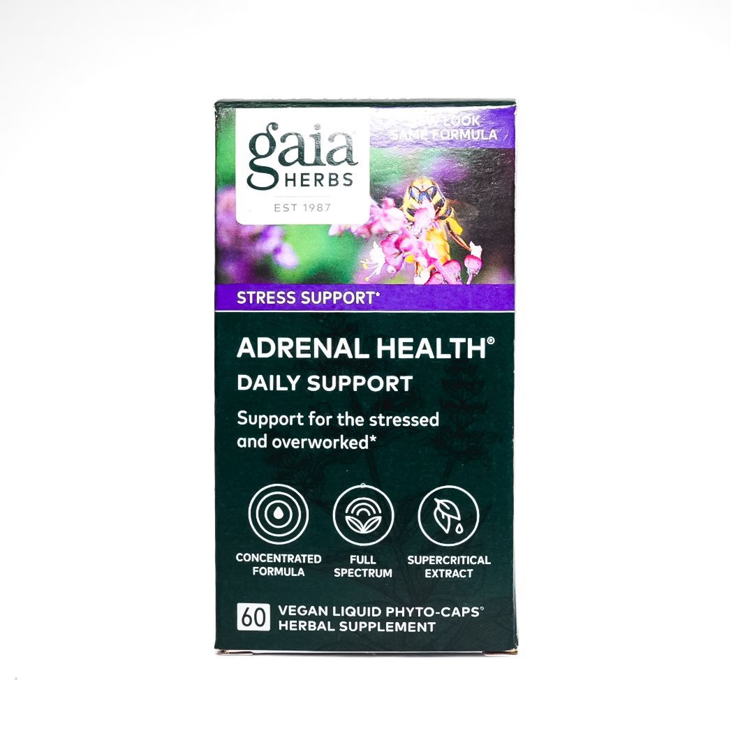 Gaia Herbs Adrenal Health Daily Support supplement box with purple flowers on dark green packaging