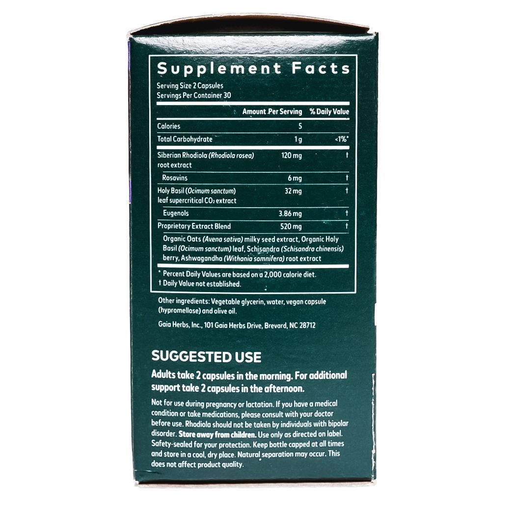 Gaia Herbs Adrenal Health Daily Support supplement box with purple flowers on dark green packaging