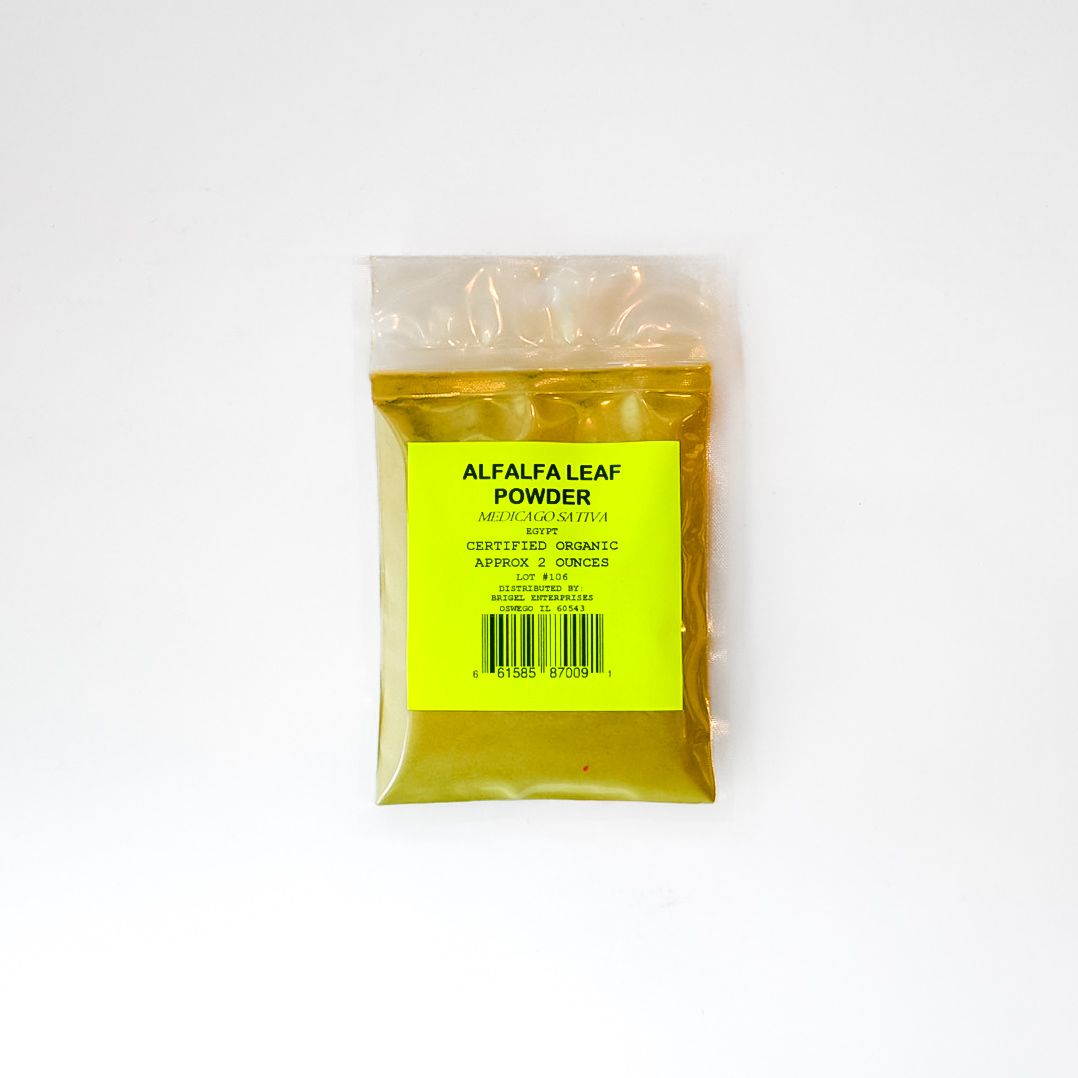 Yellow packaged powder in a clear plastic bag with a bright green label and barcode, isolated on white.