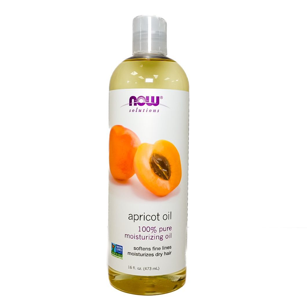 NOW apricot oil bottle with apricot fruit label on a white background
