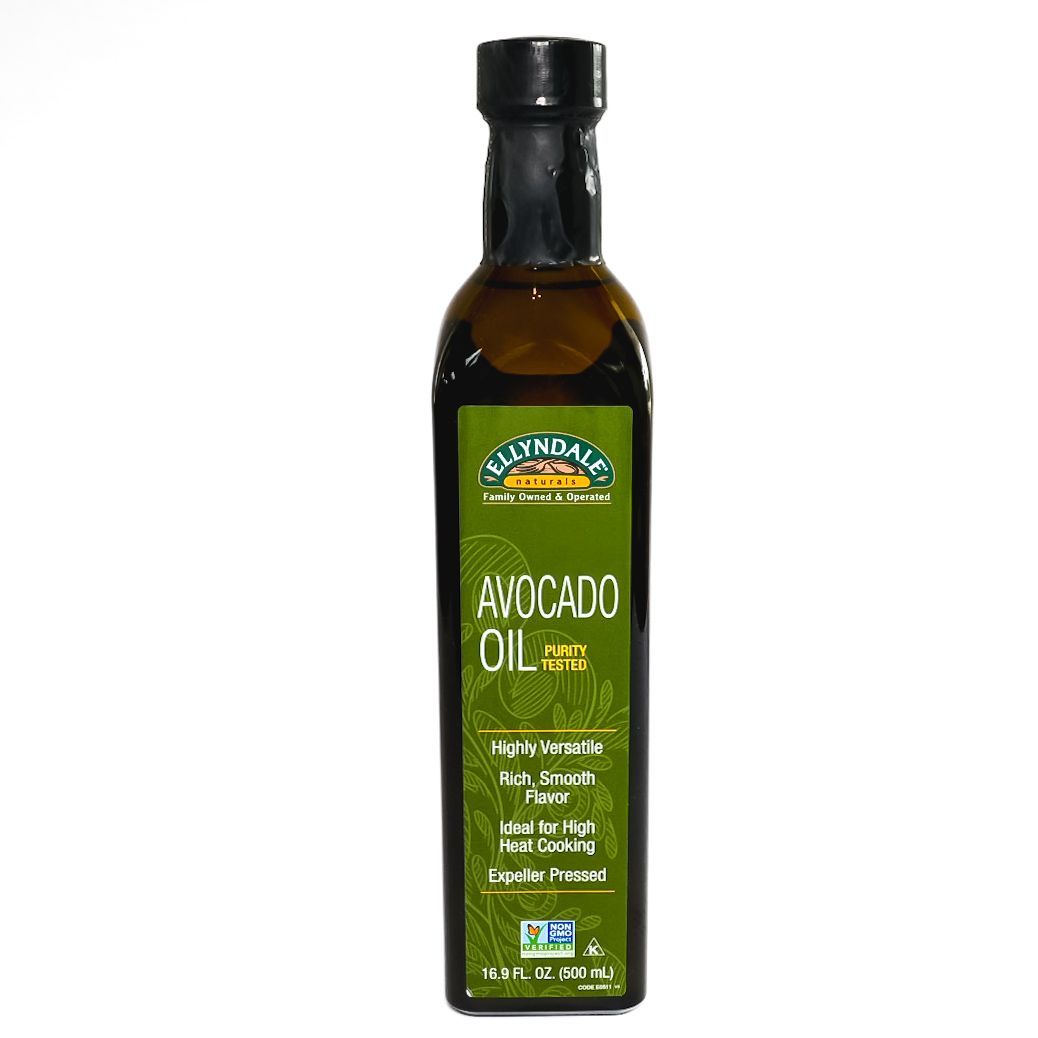 Bottle of Lucini avocado oil with green label on a white background