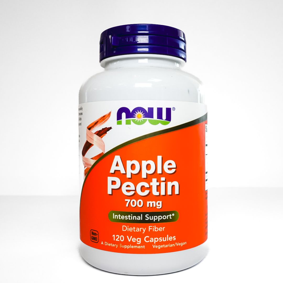 NOW Apple Pectin 700 mg dietary fiber supplement bottle with orange label and blue cap