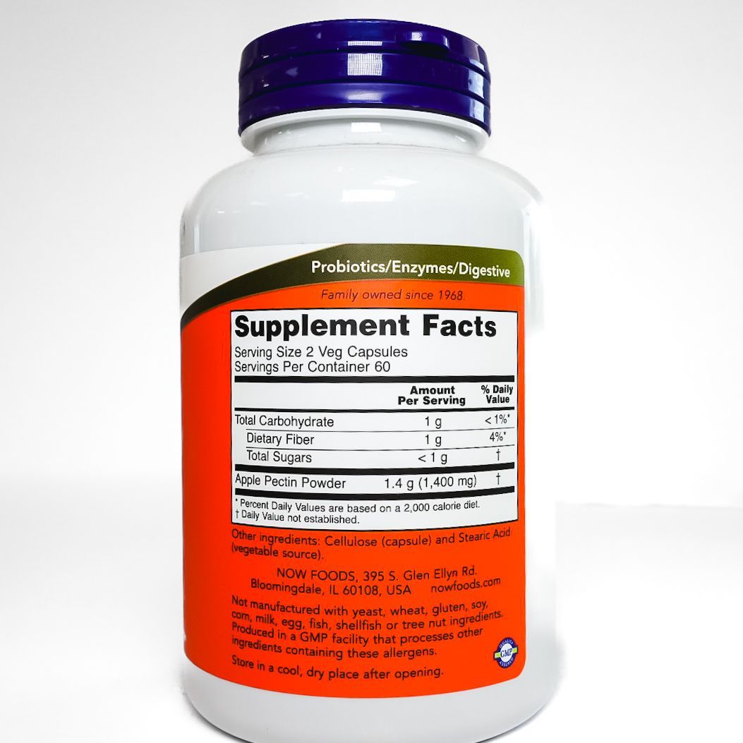 NOW Apple Pectin 700 mg dietary fiber supplement bottle with orange label and blue cap