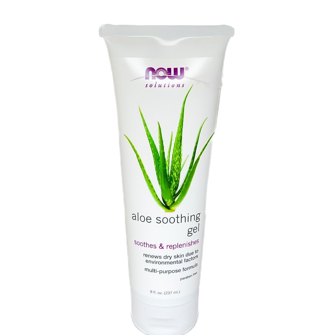 White tube of aloe soothing gel with green aloe vera graphic on a plain background