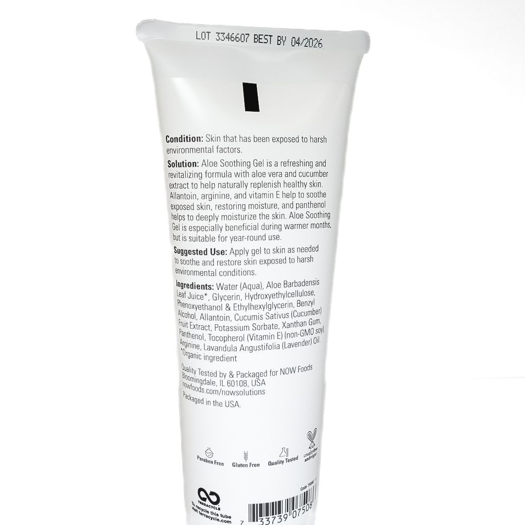 White tube of aloe soothing gel with green aloe vera graphic on a plain background