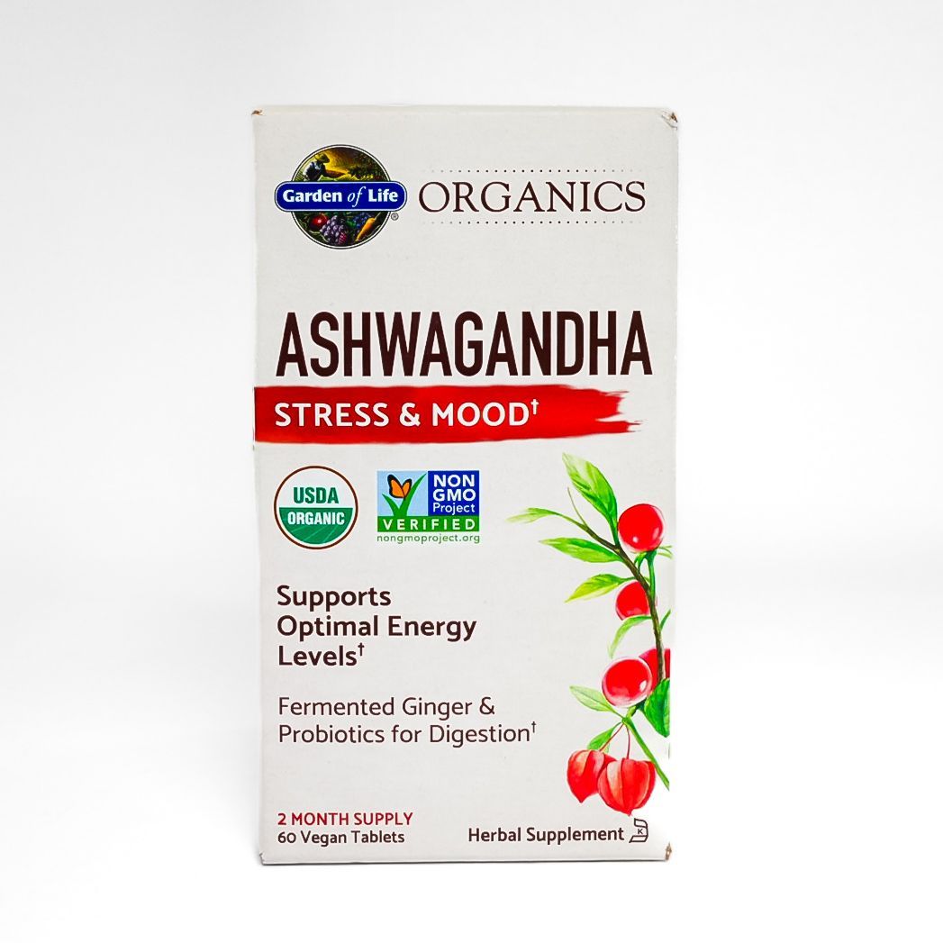 Herbal supplement box labeled “Ashwagandha Stress & Mood” with green leaves and red accents