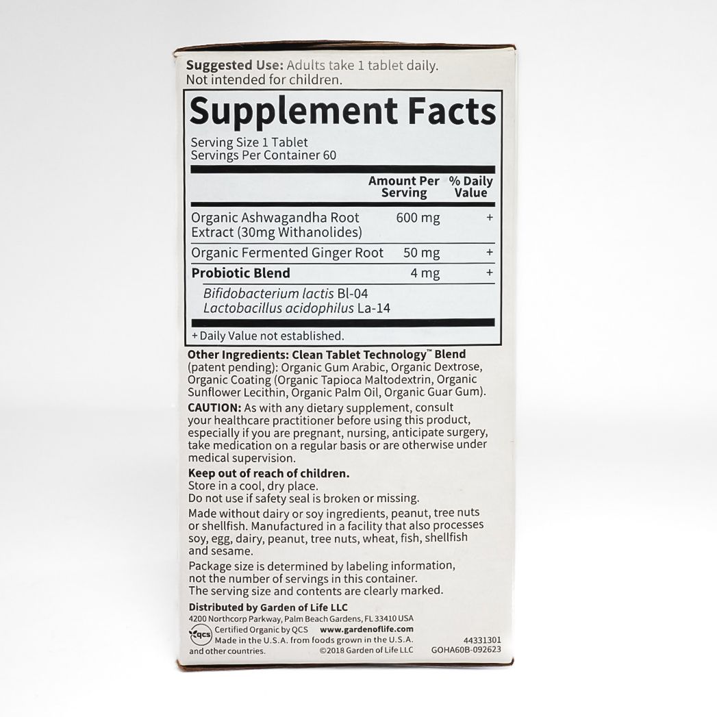 Herbal supplement box labeled “Ashwagandha Stress & Mood” with green leaves and red accents