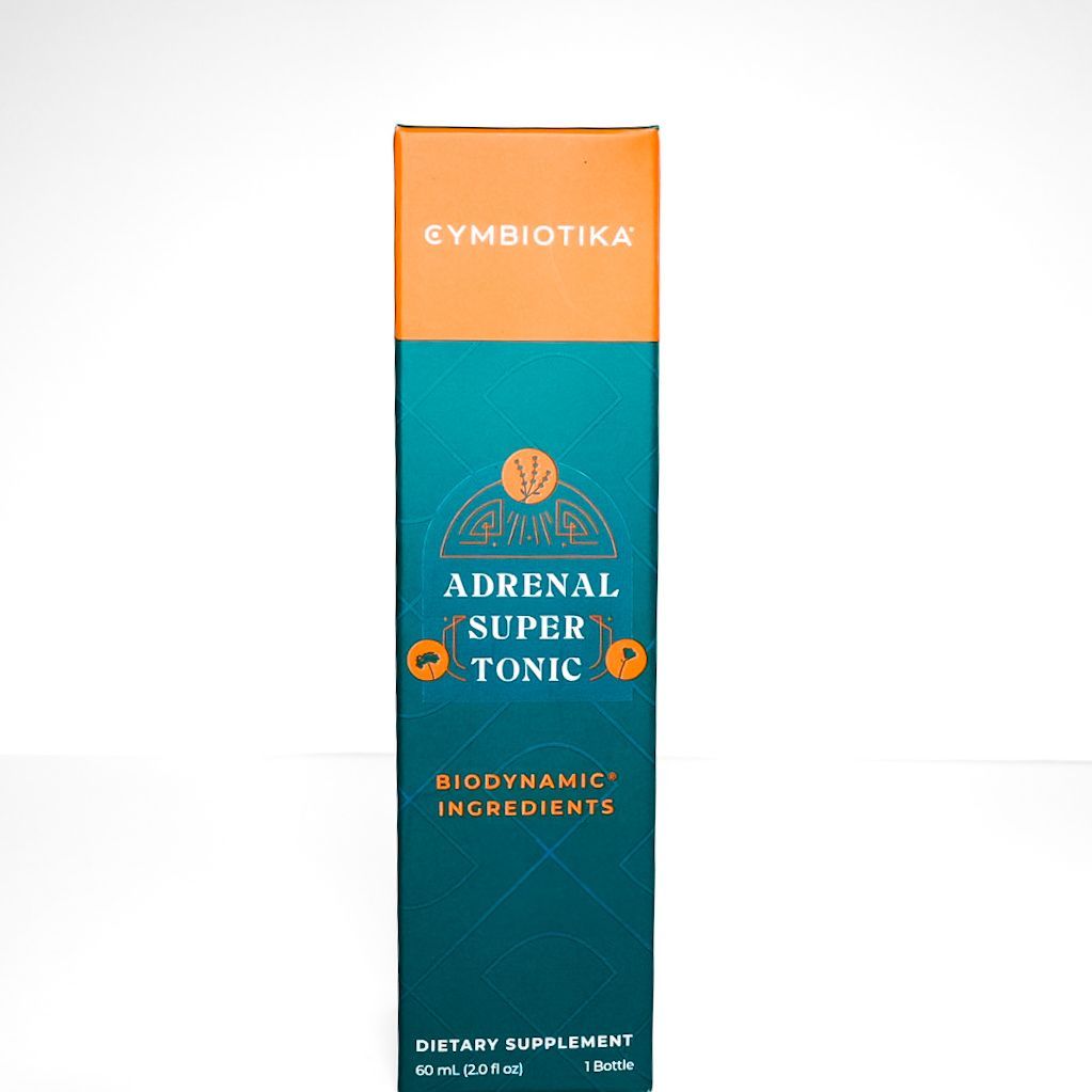 Orange and teal Eymbiotika Adrenal Super Tonic supplement box on a white background