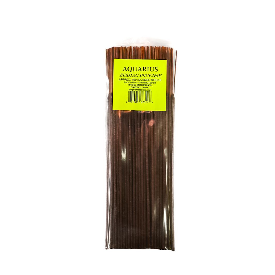 Clear plastic pack of brown incense sticks with a yellow label and barcode on a white background