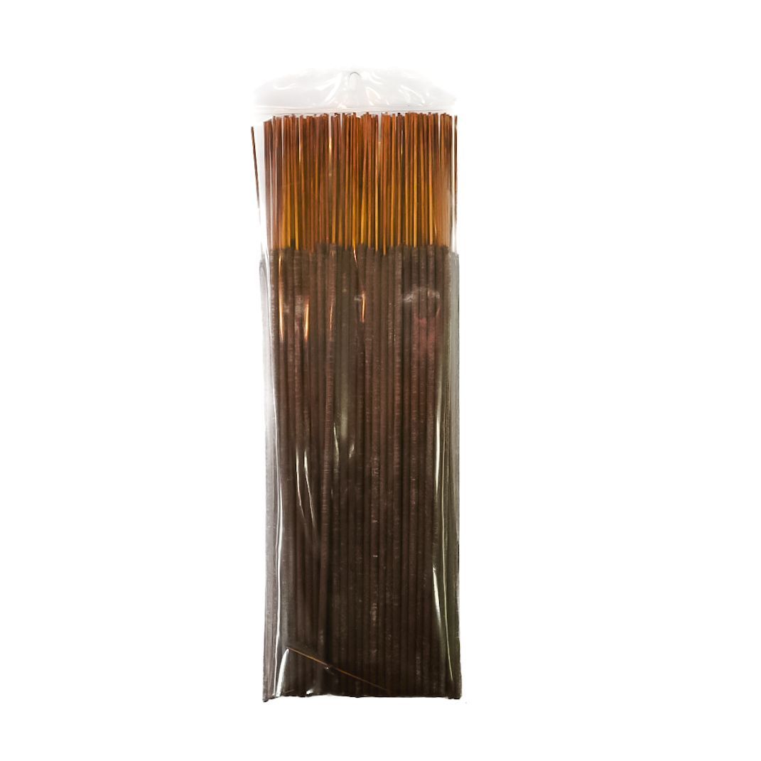 Clear plastic pack of brown incense sticks with a yellow label and barcode on a white background