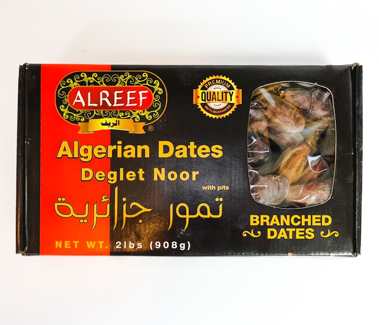 Black package of ALREEP Algerian dates with clear window showing dates and gold/red labeling